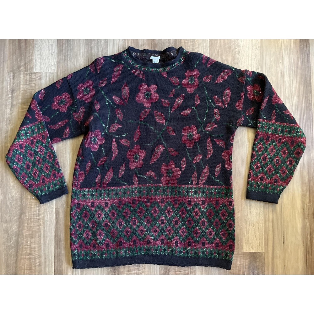 Vintage Holidaze Sweater Womens Large Black Red Green Floral Lurex Made USA